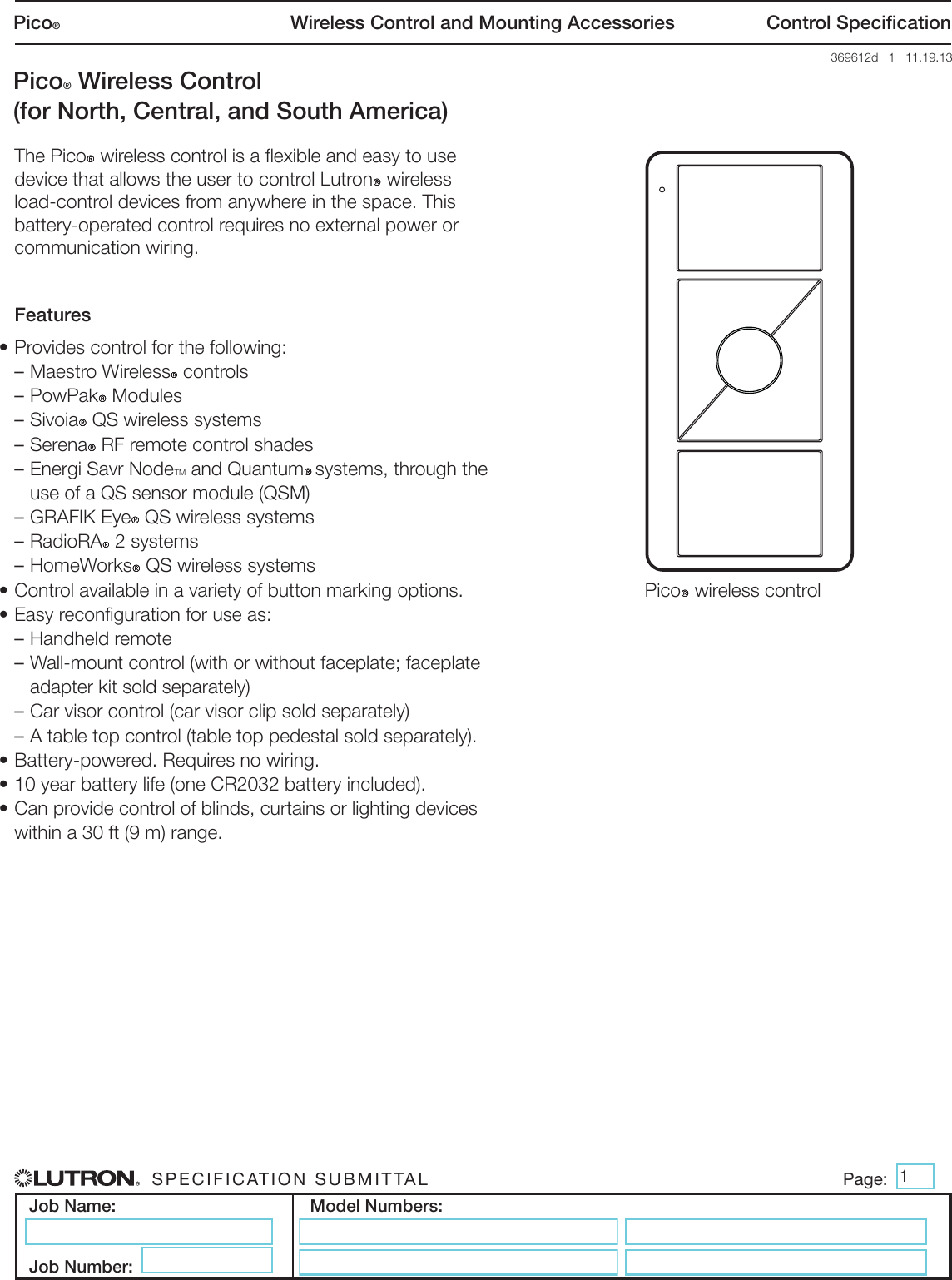 Page 1 of 8 - Lutron Pico PJ2-2B-GWH-L01 Spec Sheet