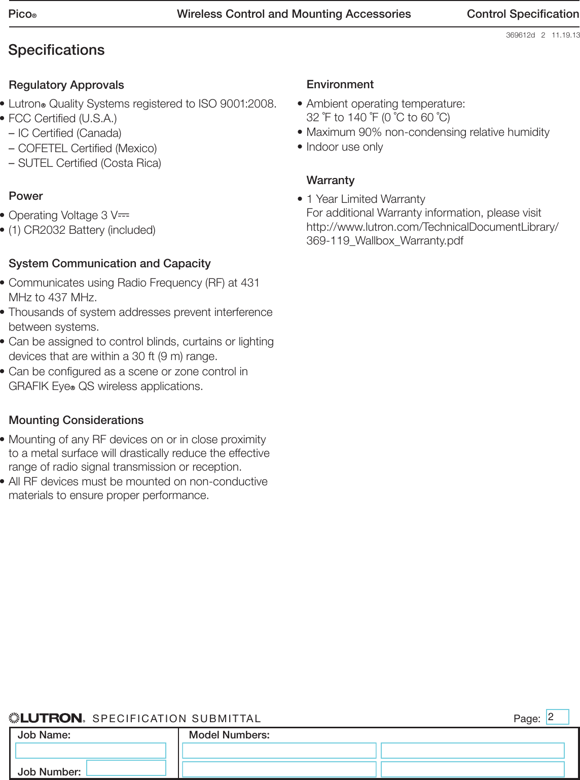 Page 2 of 8 - Lutron Pico PJ2-2B-GWH-L01 Spec Sheet