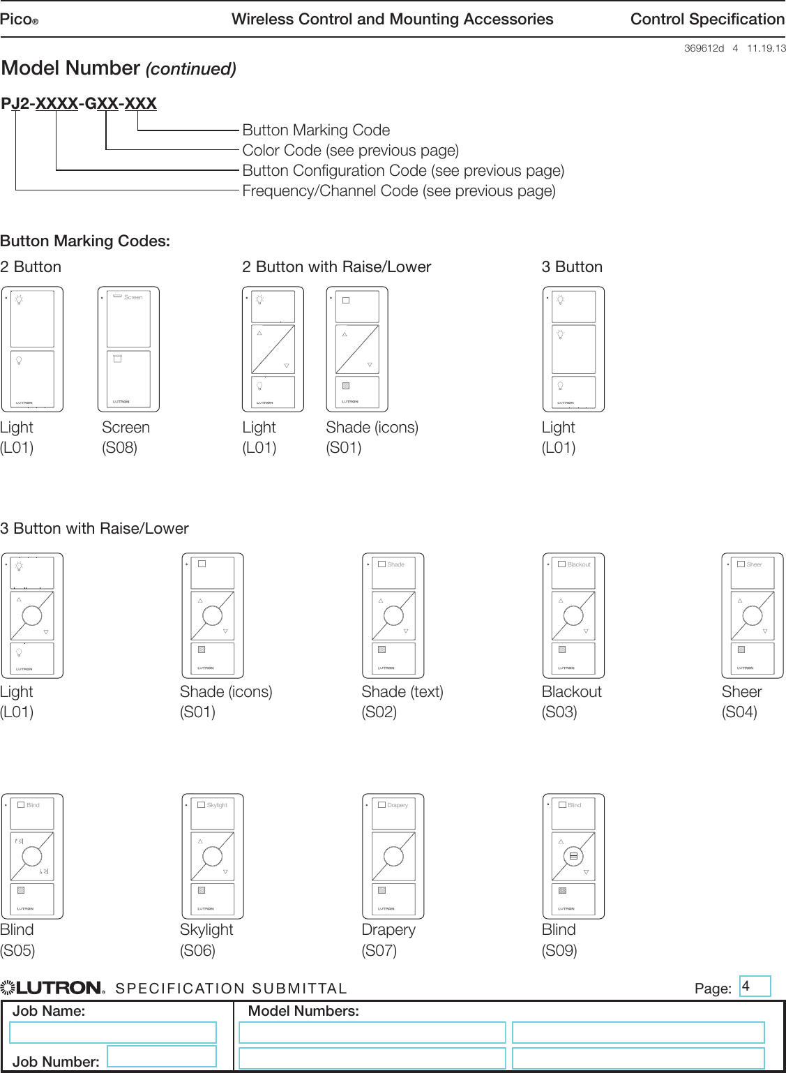 Lutron Pico PJ2 2B GWH L01 Spec Sheet