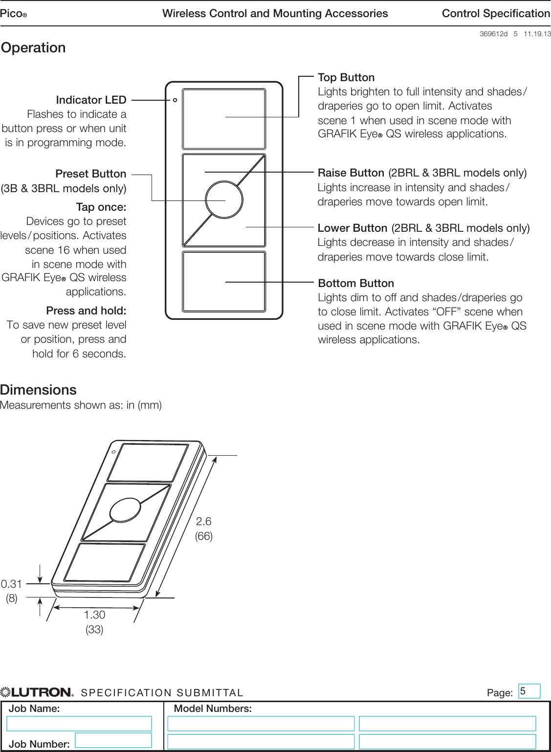 Page 5 of 8 - Lutron Pico PJ2-2B-GWH-L01 Spec Sheet