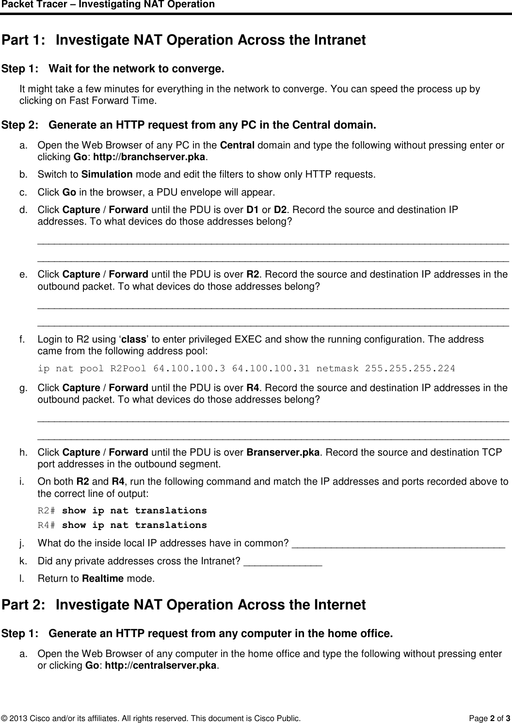 Page 2 of 3 - 9.1.2.6 Packet Tracer - Investigating NAT Operation Instructions