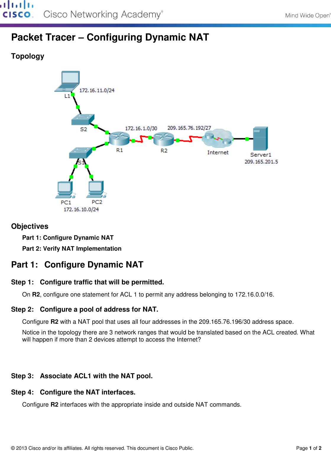 Page 1 of 2 - 9.2.2.5 Packet Tracer - Configuring Dynamic NAT Instructions