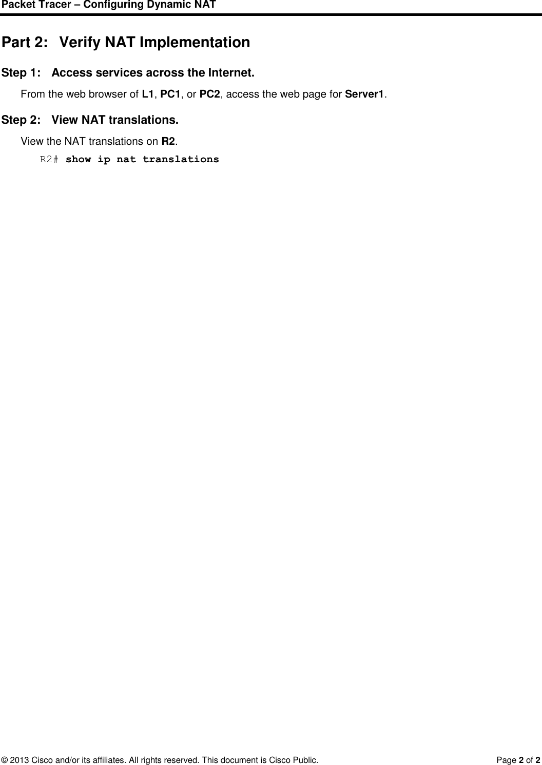 Page 2 of 2 - 9.2.2.5 Packet Tracer - Configuring Dynamic NAT Instructions