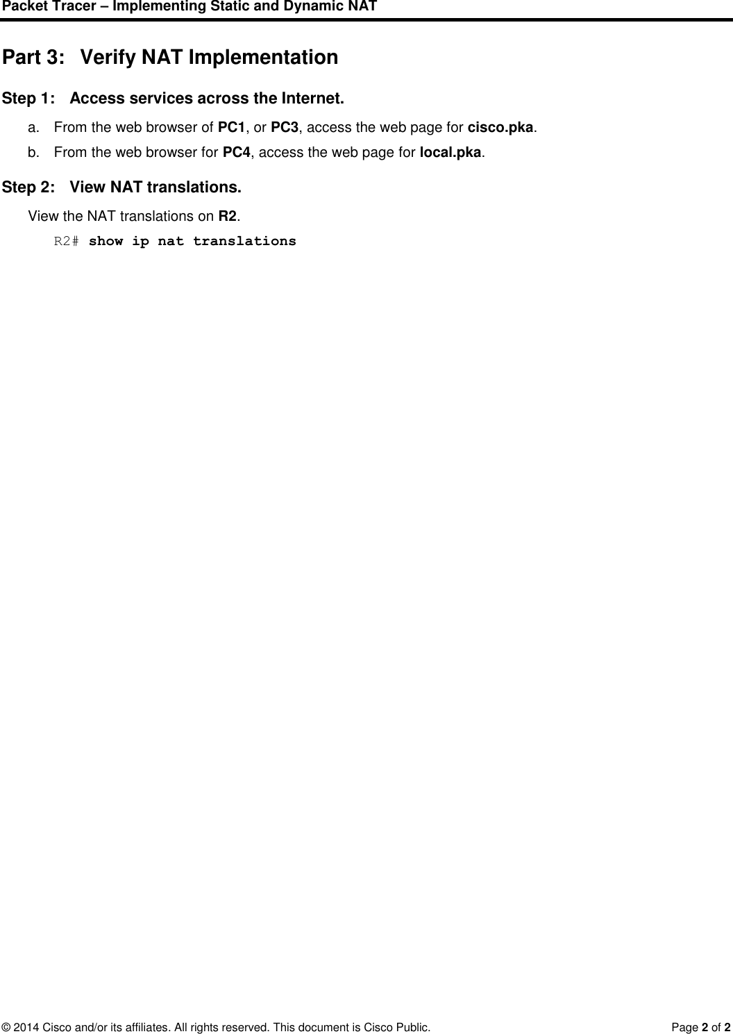 9.2.3.6 Packet Tracer Implementing Static And Dynamic NAT Instructions