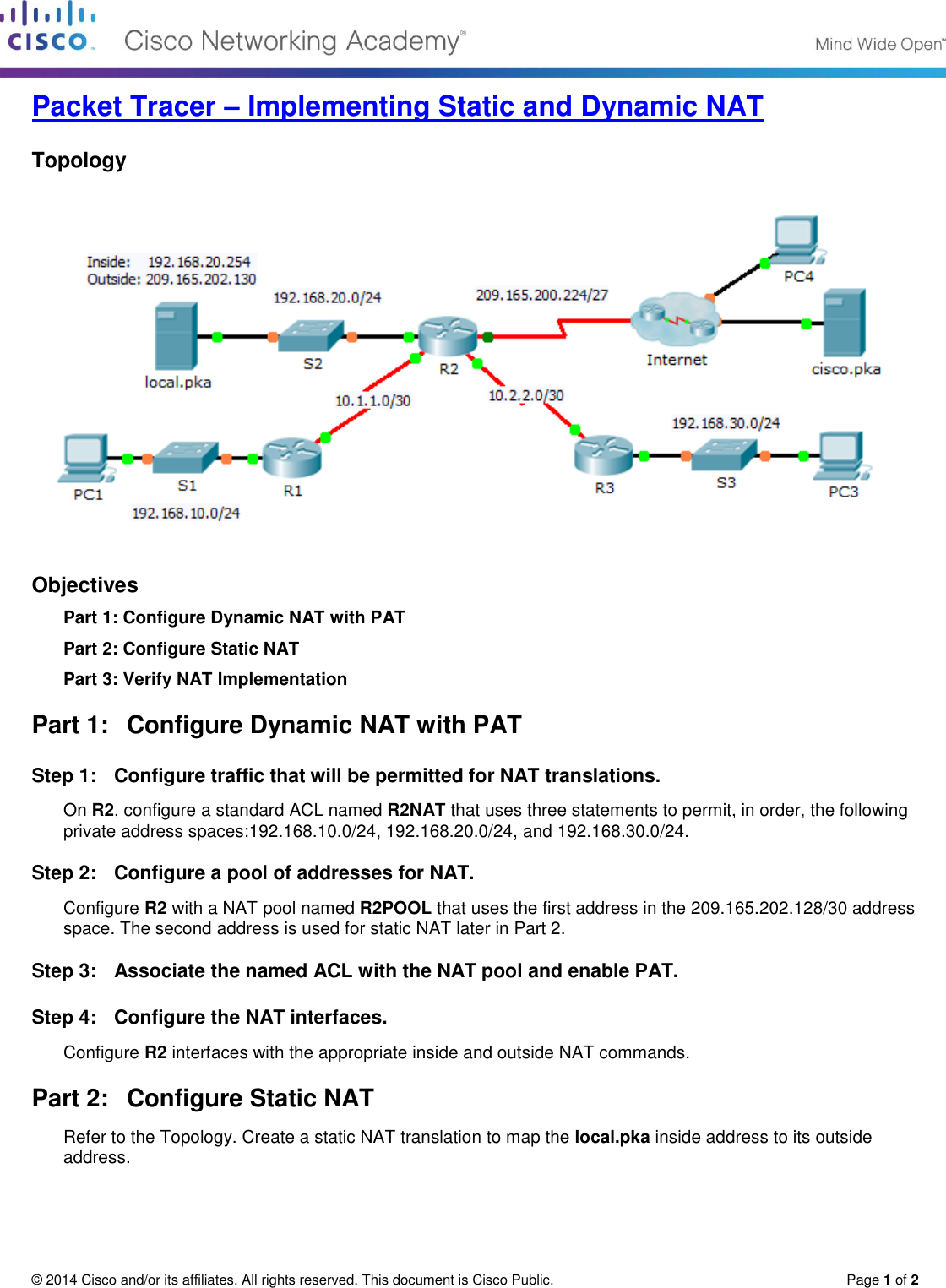 Page 1 of 2 - 9.2.3.6 Packet Tracer - Implementing Static And Dynamic NAT Instructions