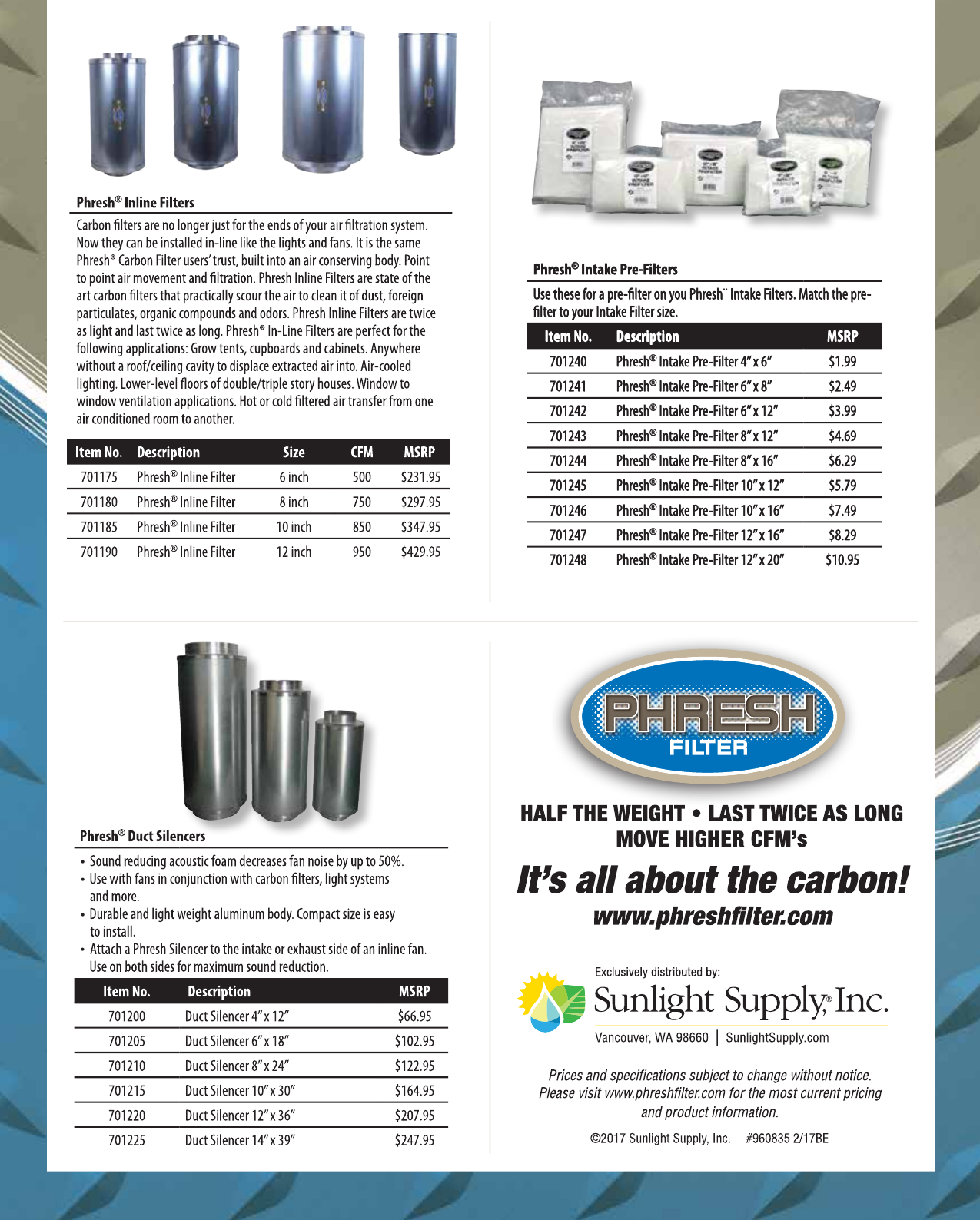 Phresh Inline Filter 8 in 750 CFM Sunlight Supply Inc 701180