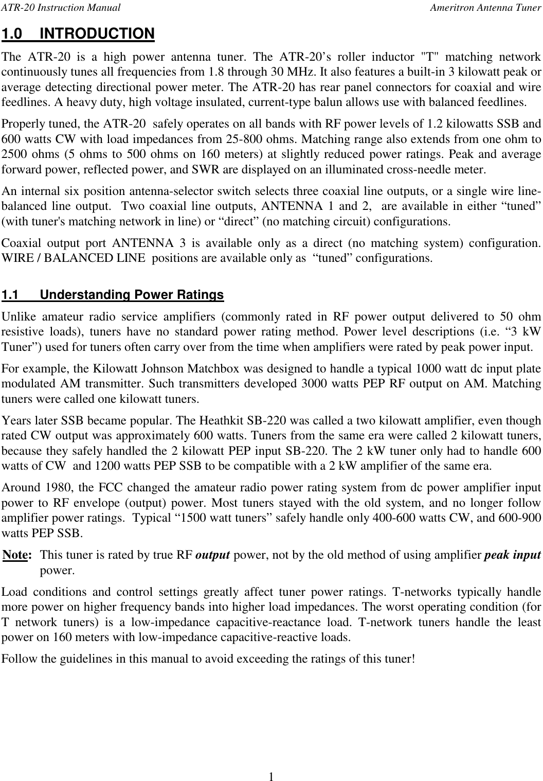 Page 1 of 10 - Ameritron Antenna Tuner AMERITRON--ATR-20X-User-Manual