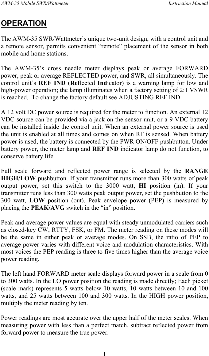 Page 1 of 4 - AWM-35 Manual_2A AMERITRON--AWM-35 SWR-Wattmeter-User-Manual