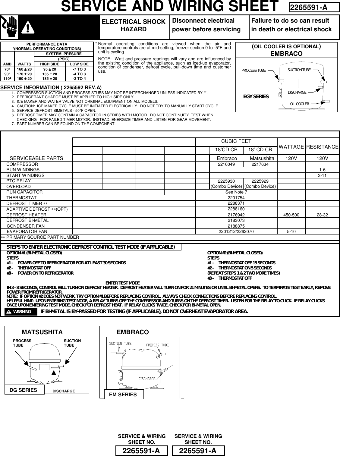 Page 1 of 2 - SERVICE AND WIRING SHEET  Amana Refrigerator 2265591-A
