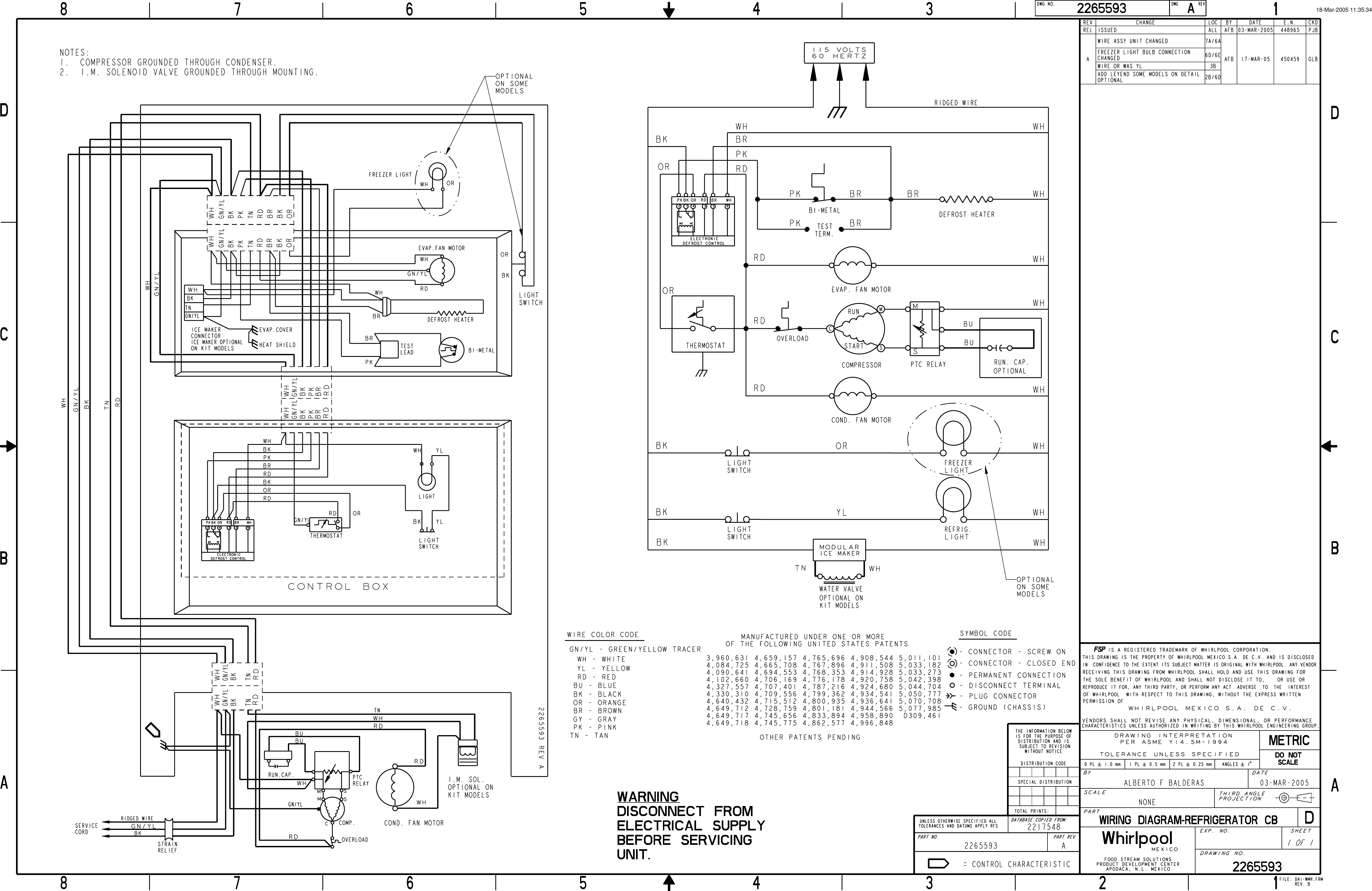 Page 2 of 2 - SERVICE AND WIRING SHEET  Amana Refrigerator 2265591-A