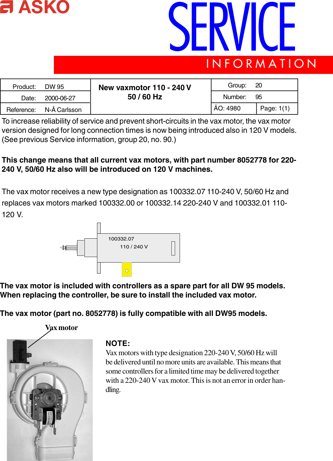 90 Vaxmotor Asko Dishwasher Dw95 12