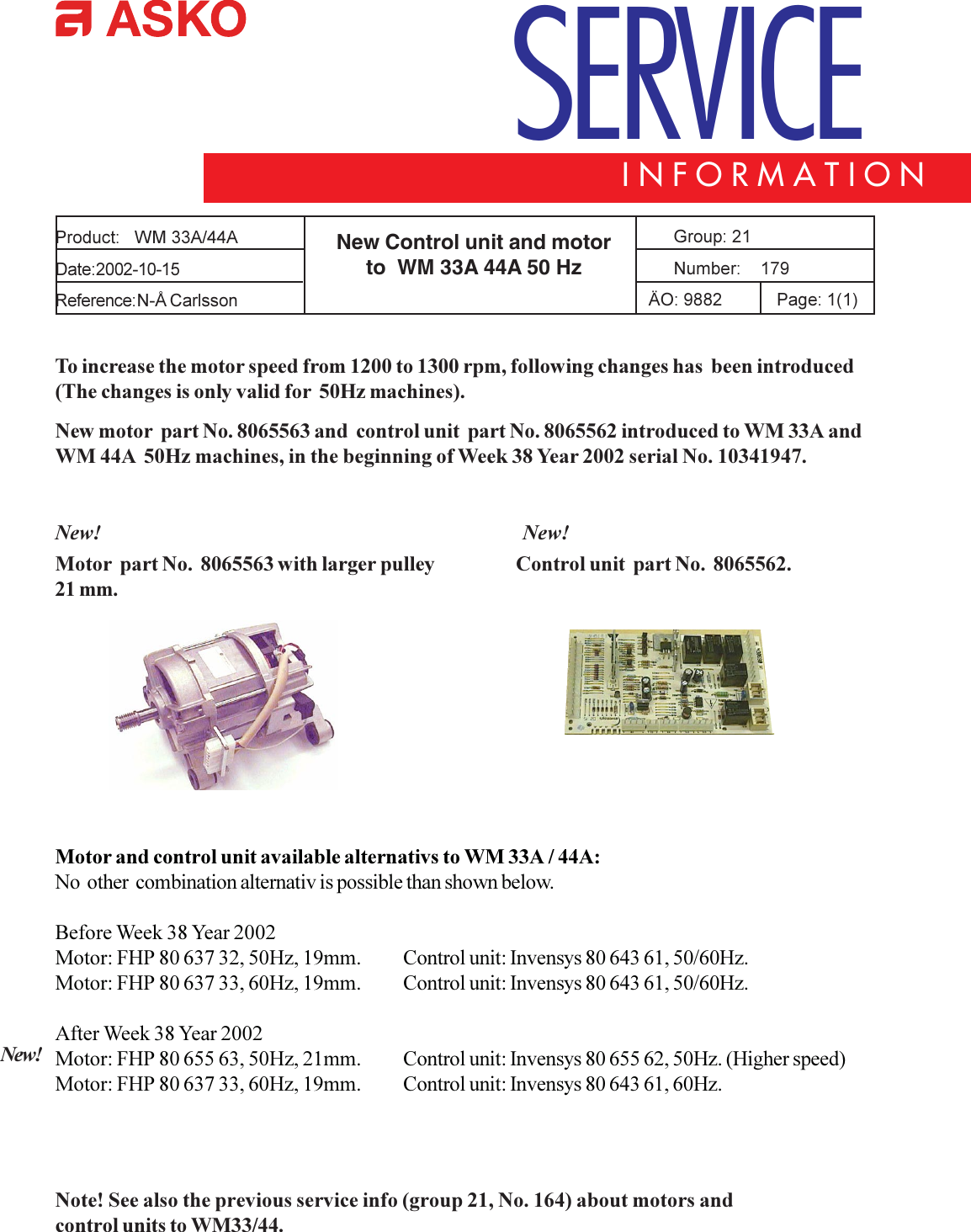 Page 1 of 1 - 179 New Motor And Control Unit WM33,44  Asko Washing Machine WM 33A-44A