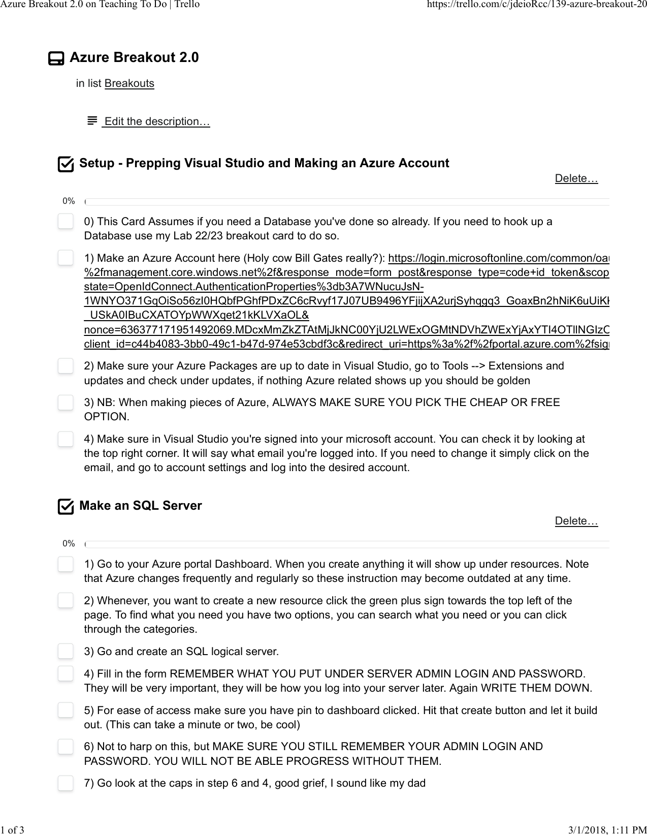 Page 1 of 3 - Azure Breakout 2.0 On Teaching To Do | Trello Instructions