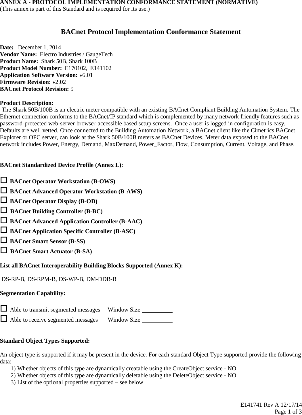 BACnet Protocol Implementation Conformance Statement E141741