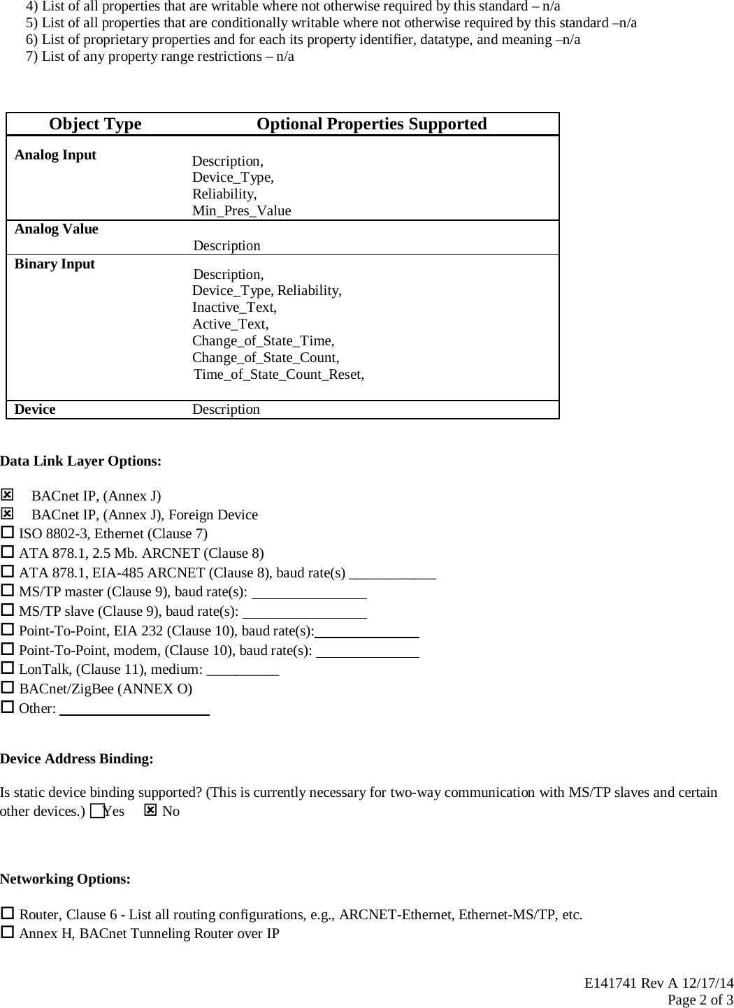 BACnet Protocol Implementation Conformance Statement E141741