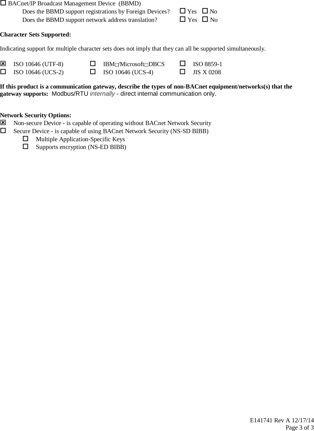 BACnet Protocol Implementation Conformance Statement E141741