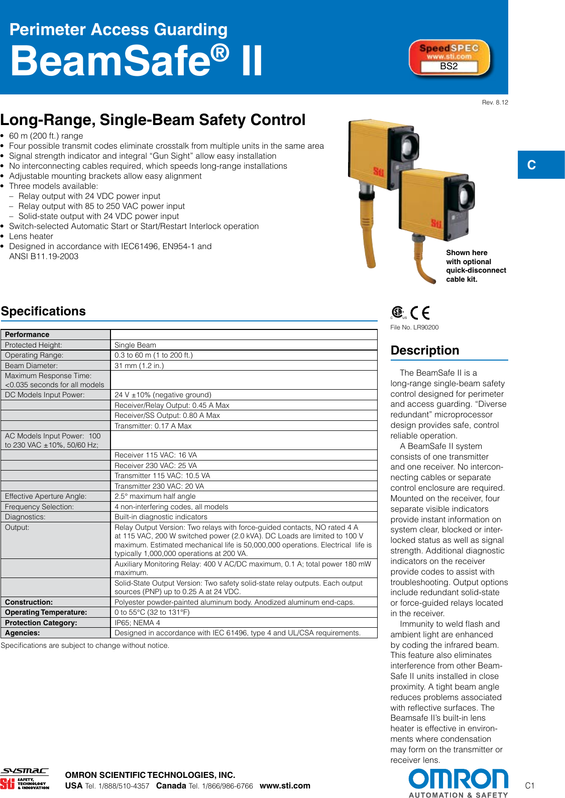 Page 1 of 7 - BeamSafe II Perimeter Access Guarding Sensor Datasheet  Beam Safe En 201507 F242I-E-01