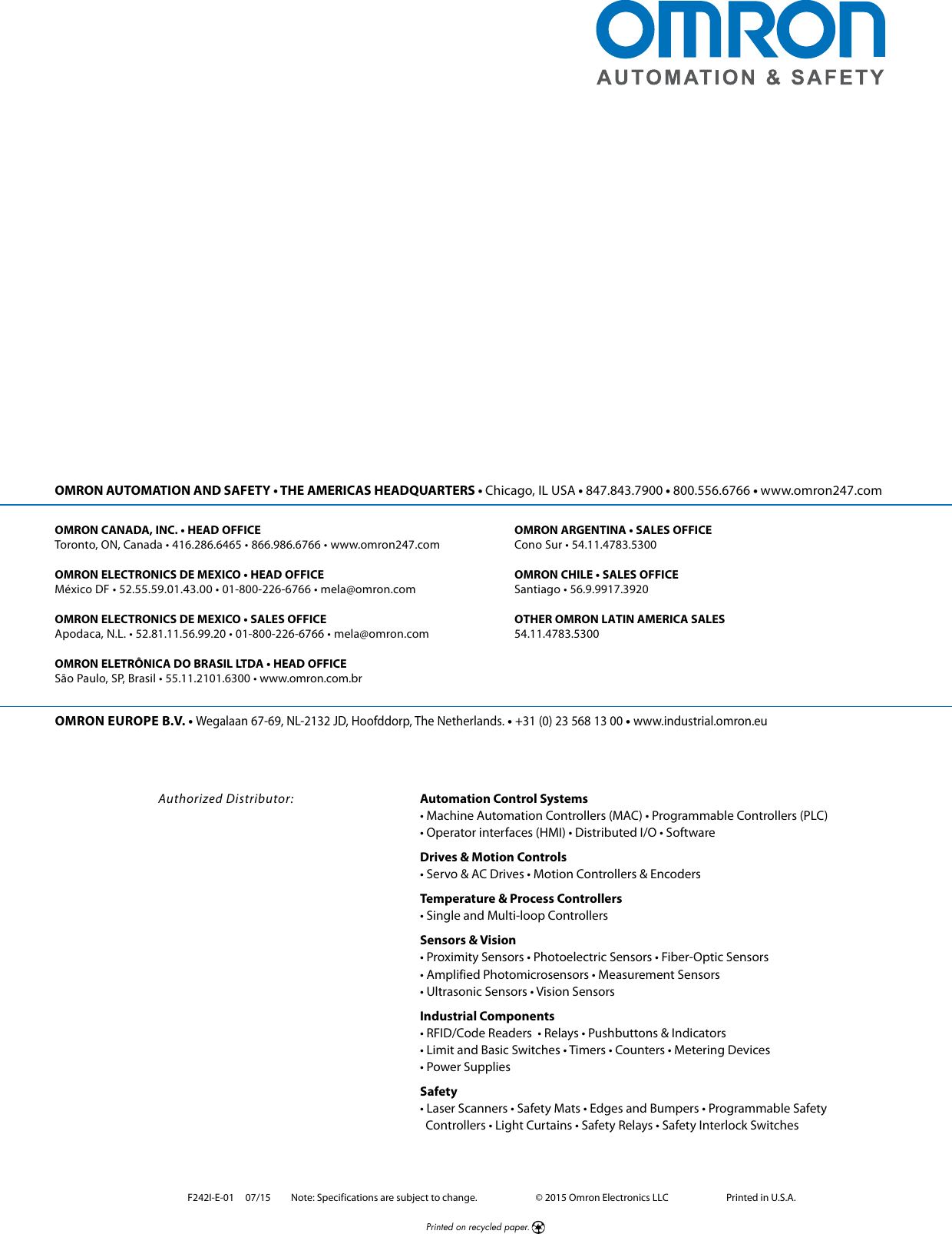 Page 7 of 7 - BeamSafe II Perimeter Access Guarding Sensor Datasheet  Beam Safe En 201507 F242I-E-01