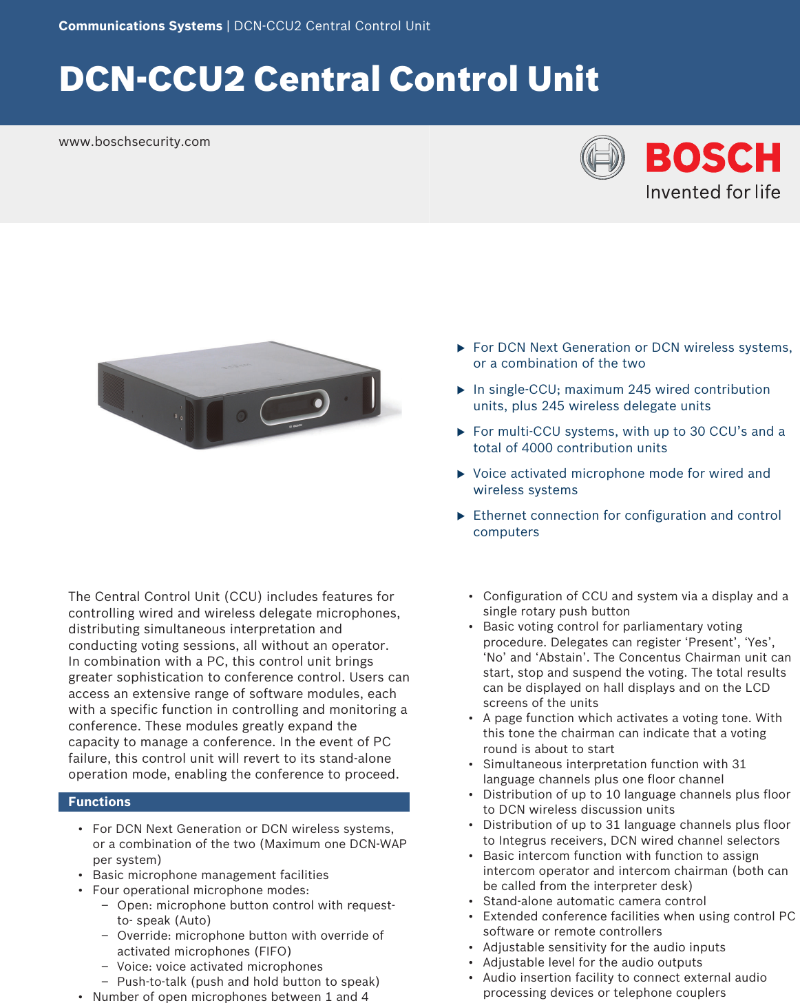 Page 1 of 3 - Boschdcnccu DCN‑CCU2 Central Control Unit User Manual