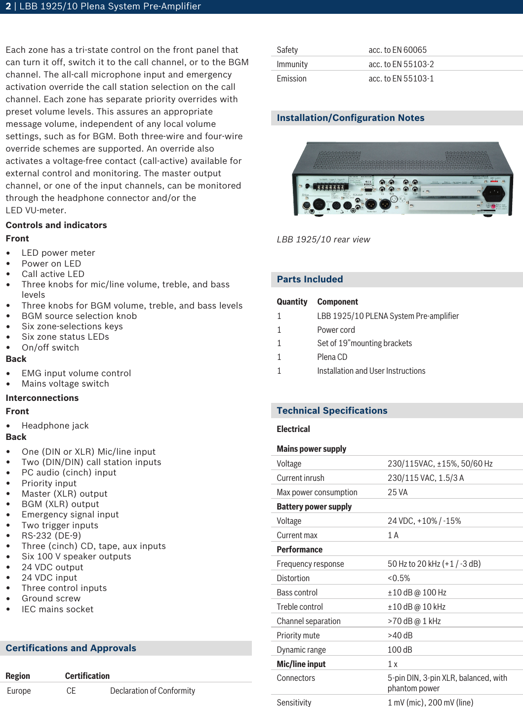 Boschlbb192510 Lbb 1925 10 Plena System Pre Amplifier User Manual