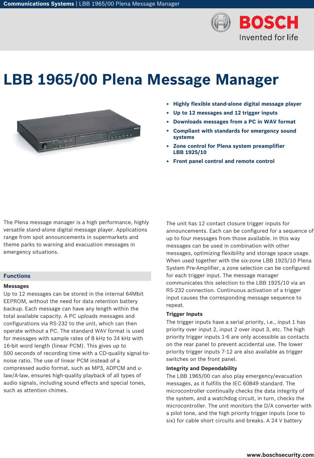 Page 1 of 4 - Boschlbb1965 LBB 1965/00 Plena Message Manager User Manual