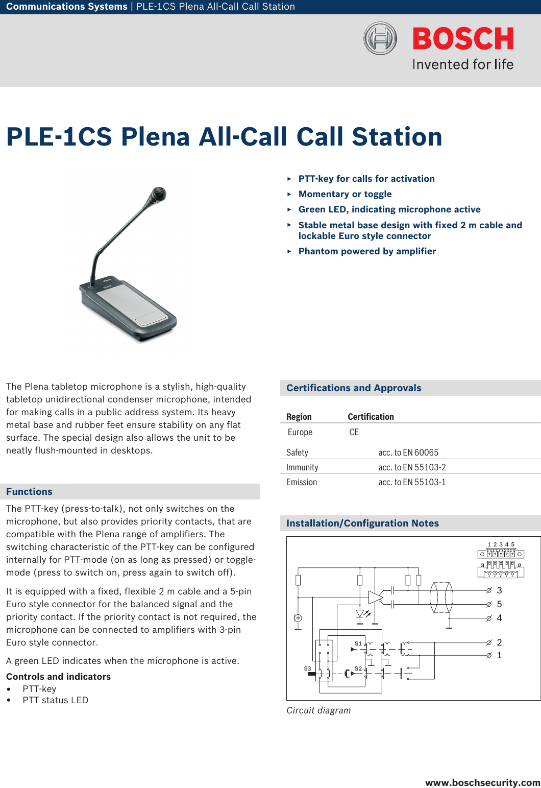 Page 1 of 2 - Boschple1Cs PLE‑1CS Plena All‑Call Call Station User Manual