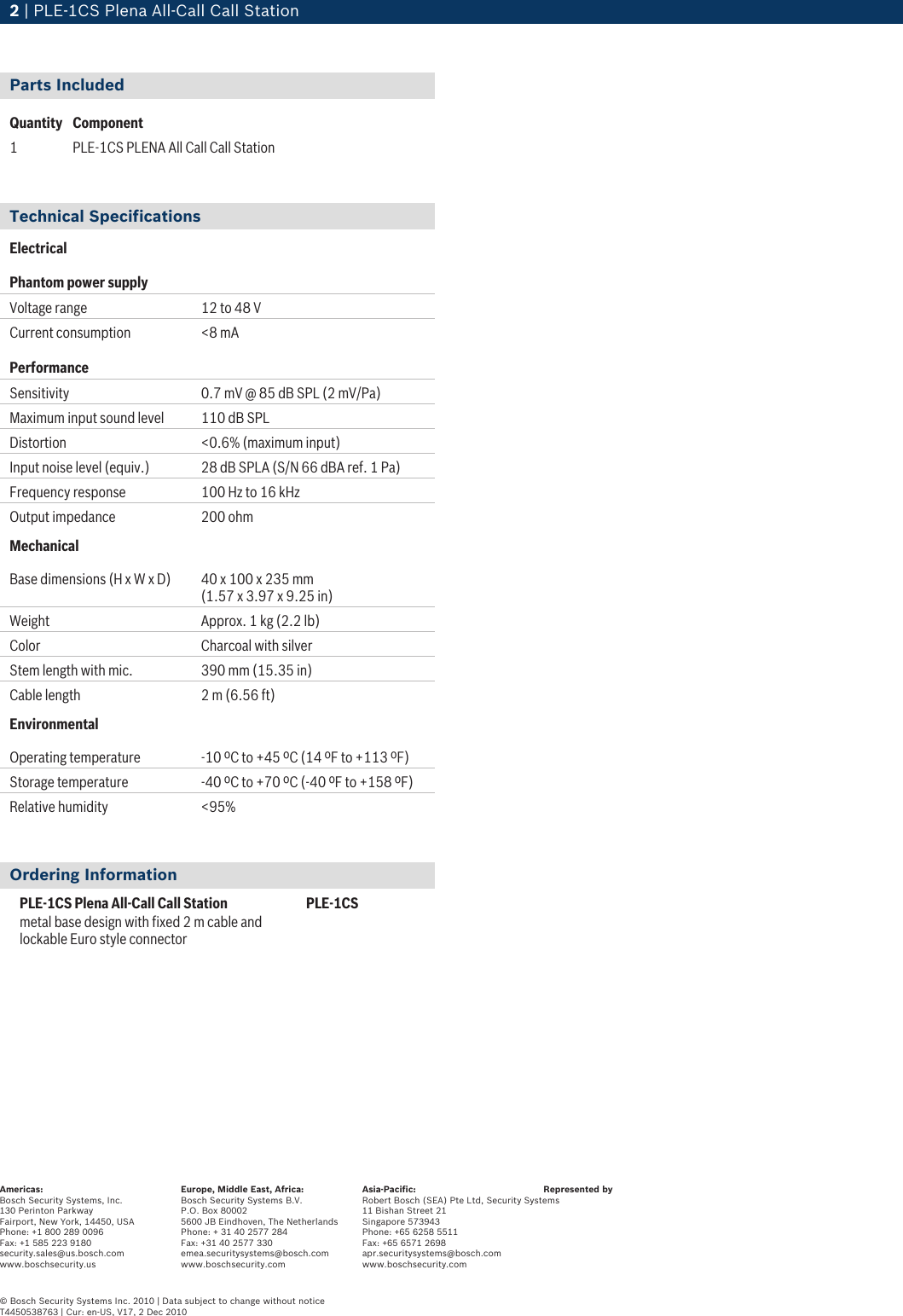 Page 2 of 2 - Boschple1Cs PLE‑1CS Plena All‑Call Call Station User Manual