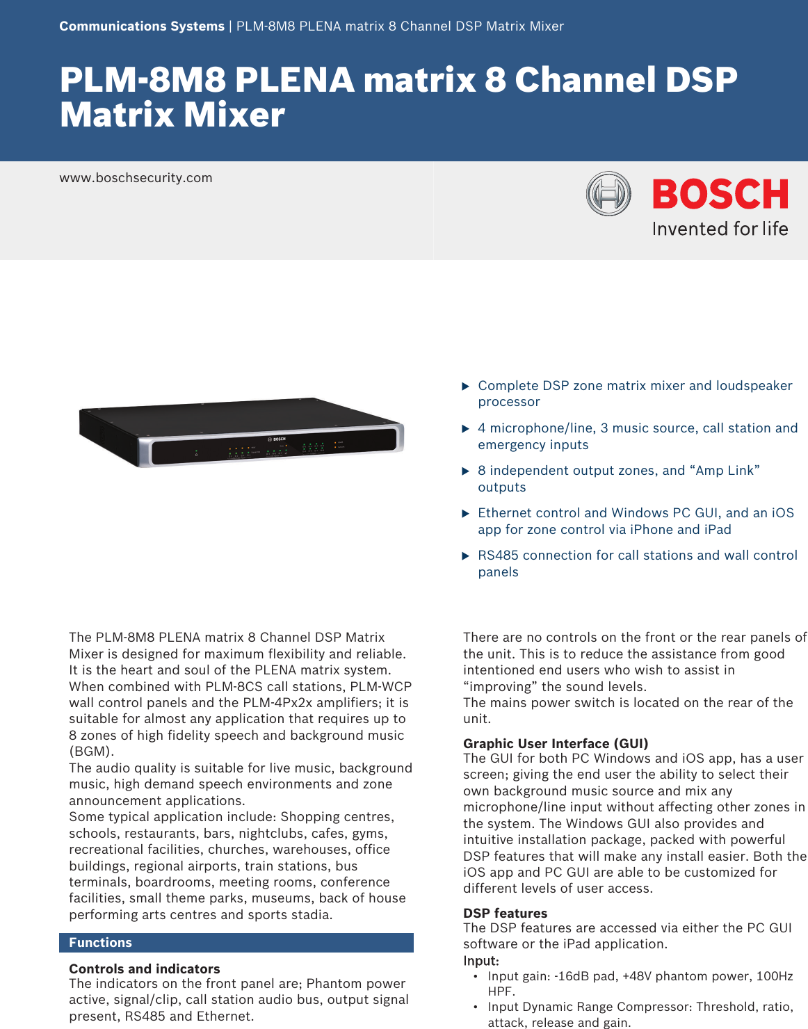 Page 1 of 4 - Boschplm8M8 PLM-8M8 PLENA Matrix 8 Channel DSP Mixer User Manual