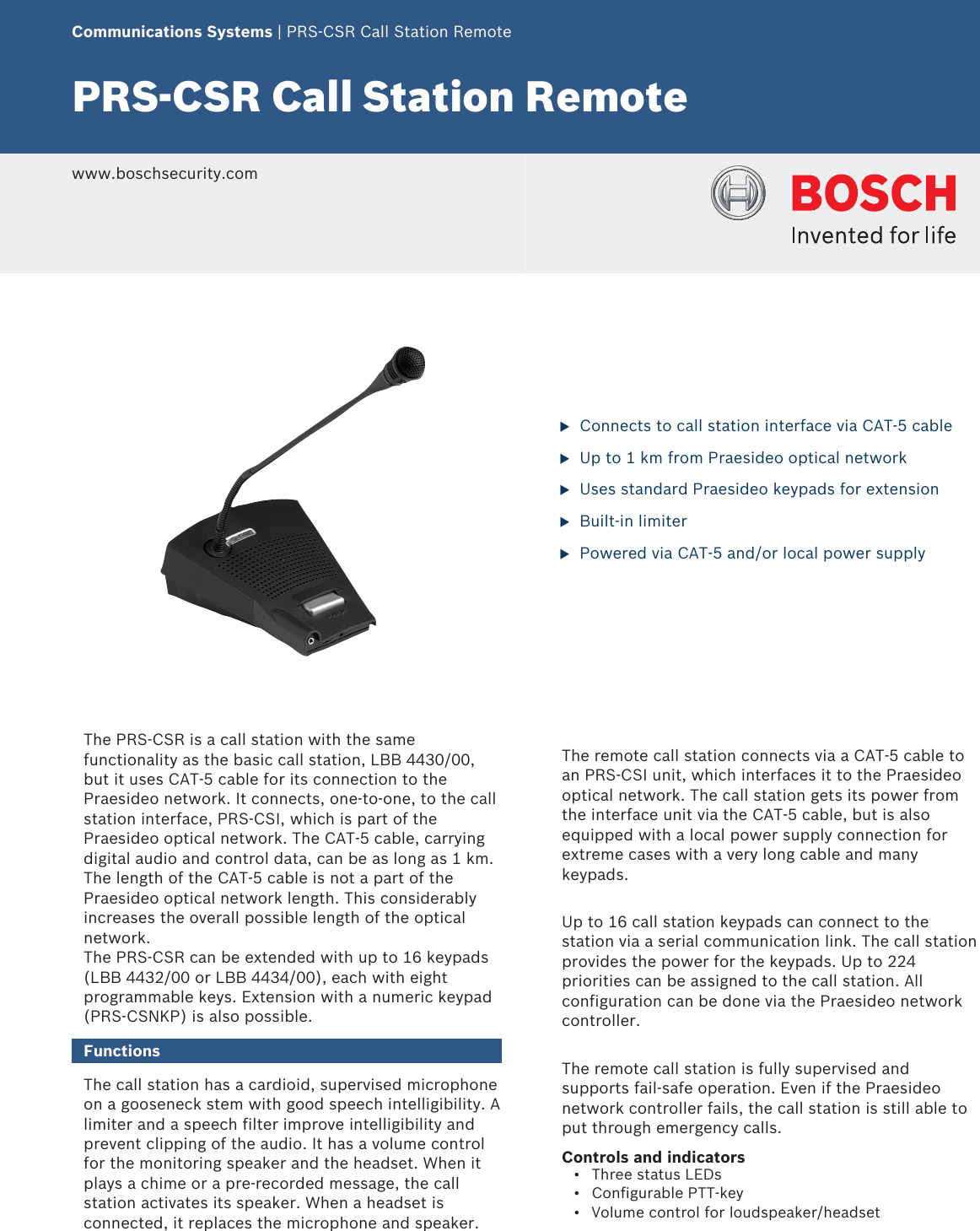 Page 1 of 3 - Boschprscsr PRS‑CSR Call Station Remote User Manual