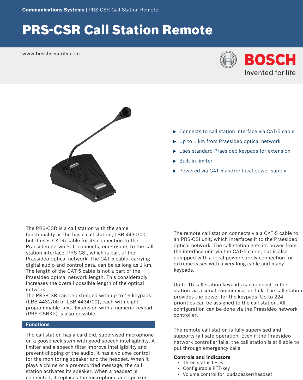 Page 1 of 3 - Boschprscsrm PRS‑CSR Call Station Remote User Manual