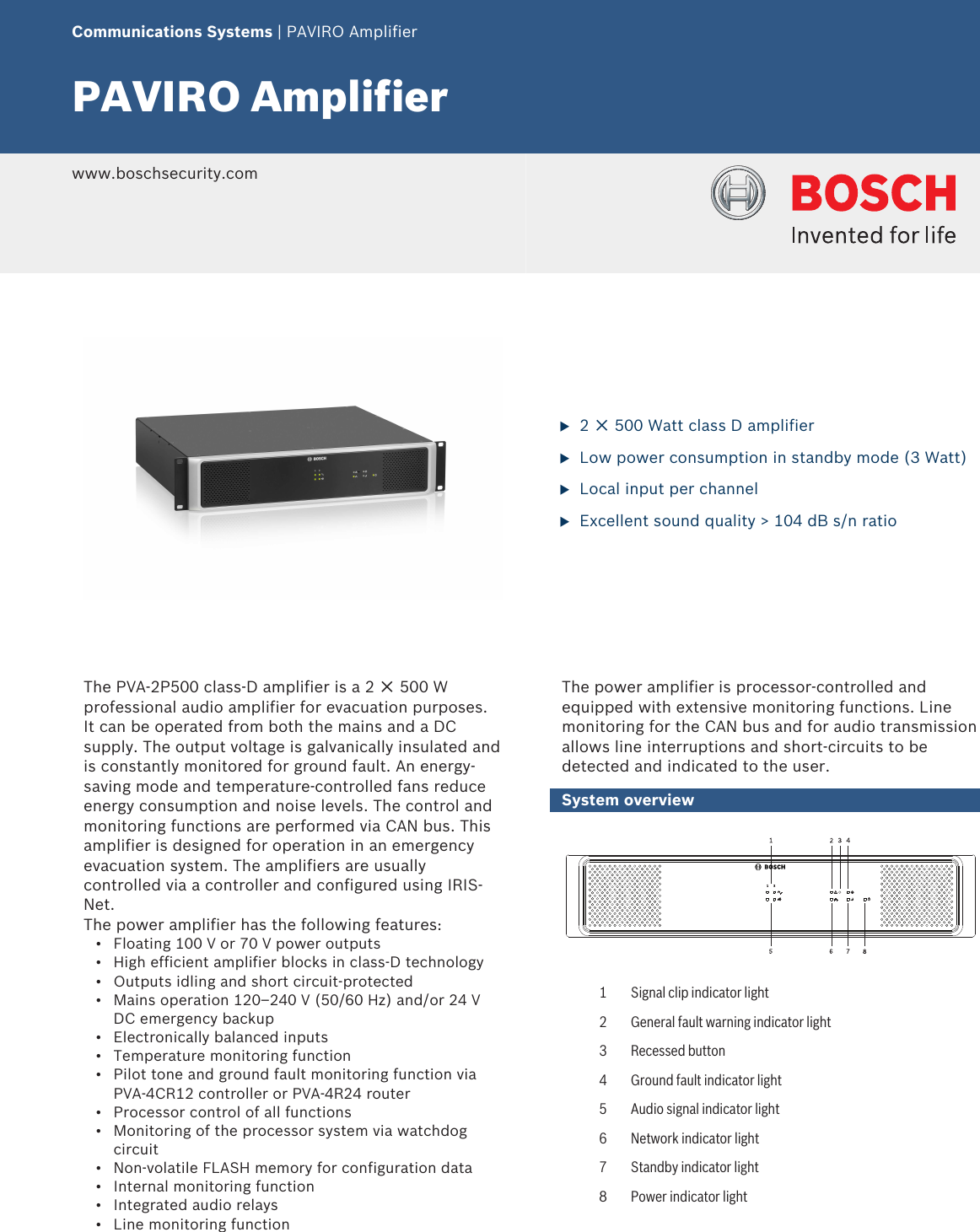 Page 1 of 3 - Boschpva2P500 PAVIRO Amplifier User Manual