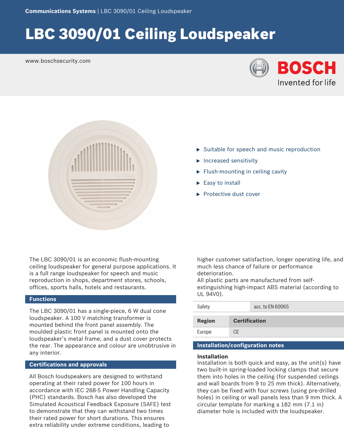 Boslbc309001 Lbc 3090 01 Ceiling Loudspeaker User Manual