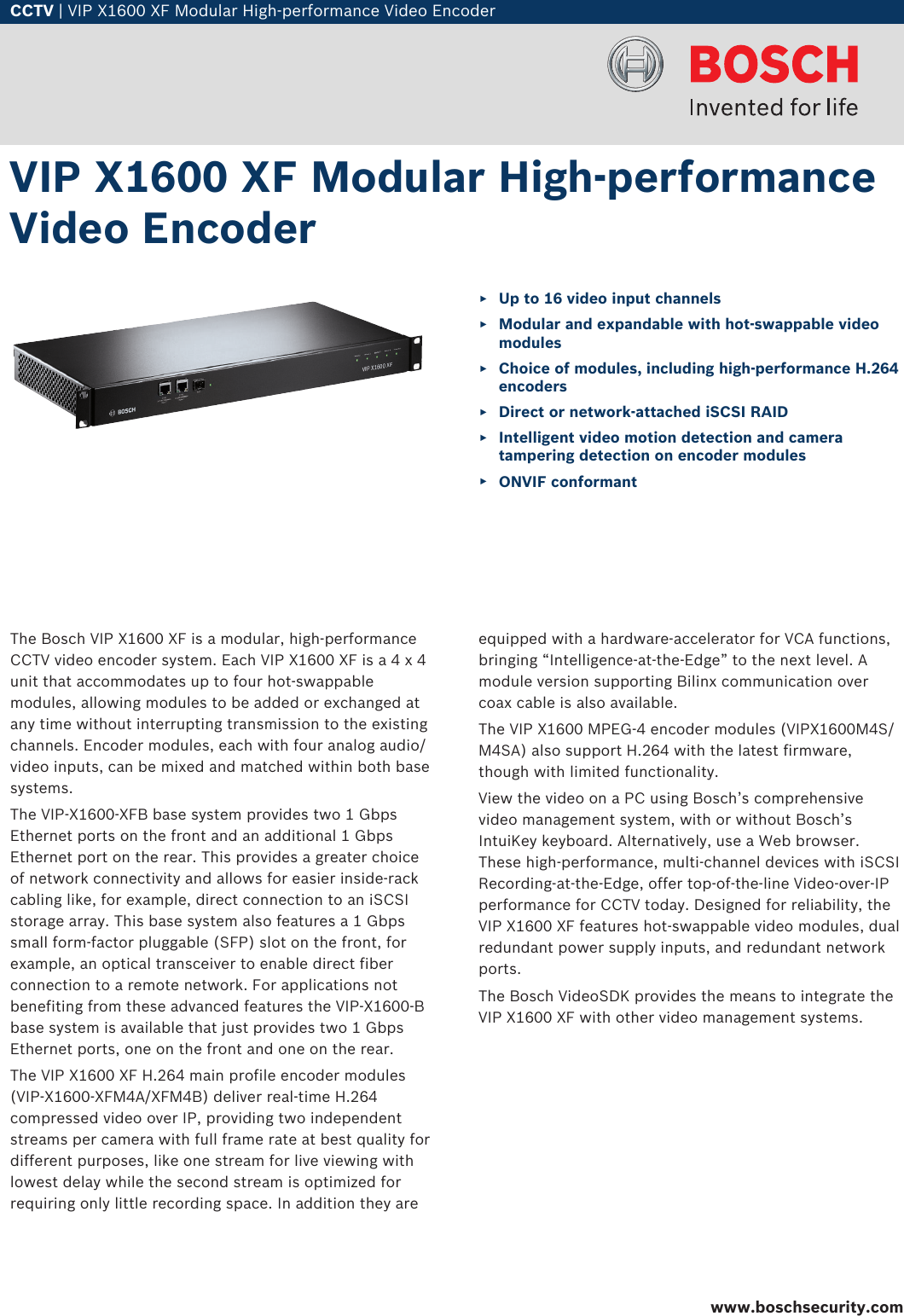 Page 1 of 8 - Bosvipx1600Psuk VIP X1600 XF Modular High-performance Video Encoder User Manual