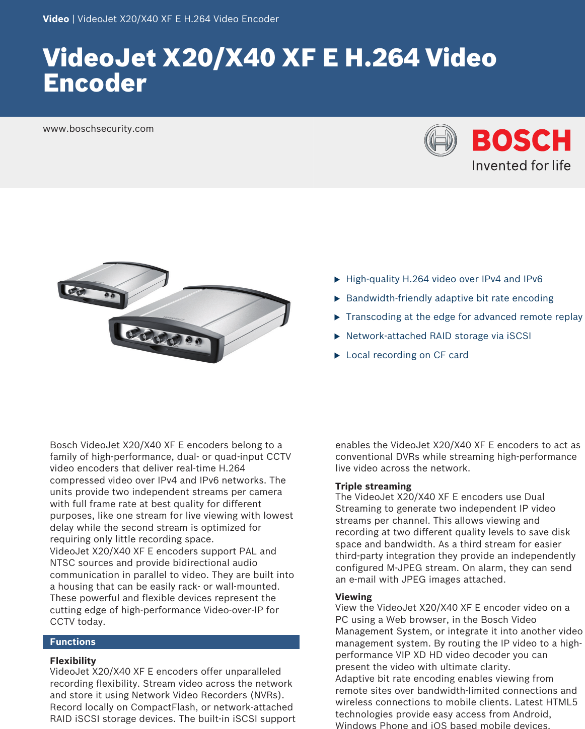 Bosvjtx20Xfe VideoJet X20/X40 XF E H.264 Video Encoder User Manual
