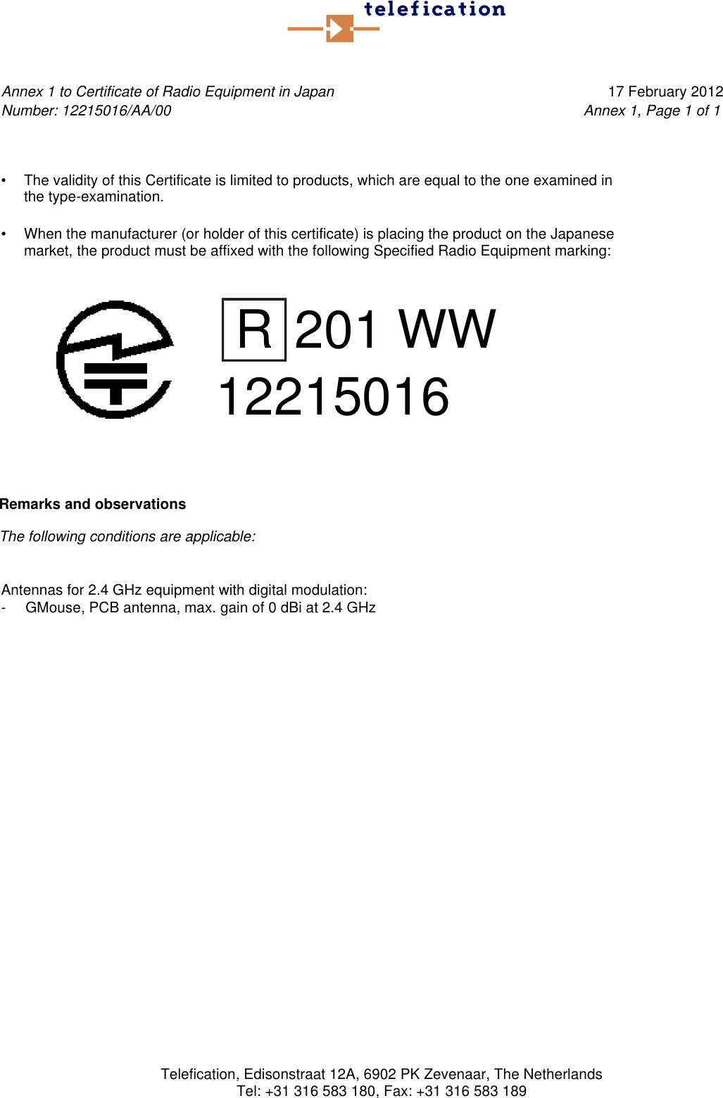 Page 2 of 5 - Certificate Of Radio Equipment In Japan