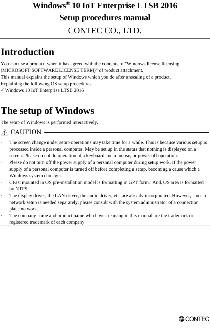 Page 1 of 12 - Contec - Windows 10 Io T Enterprise LTSB 2016 Setup Procedures Manual