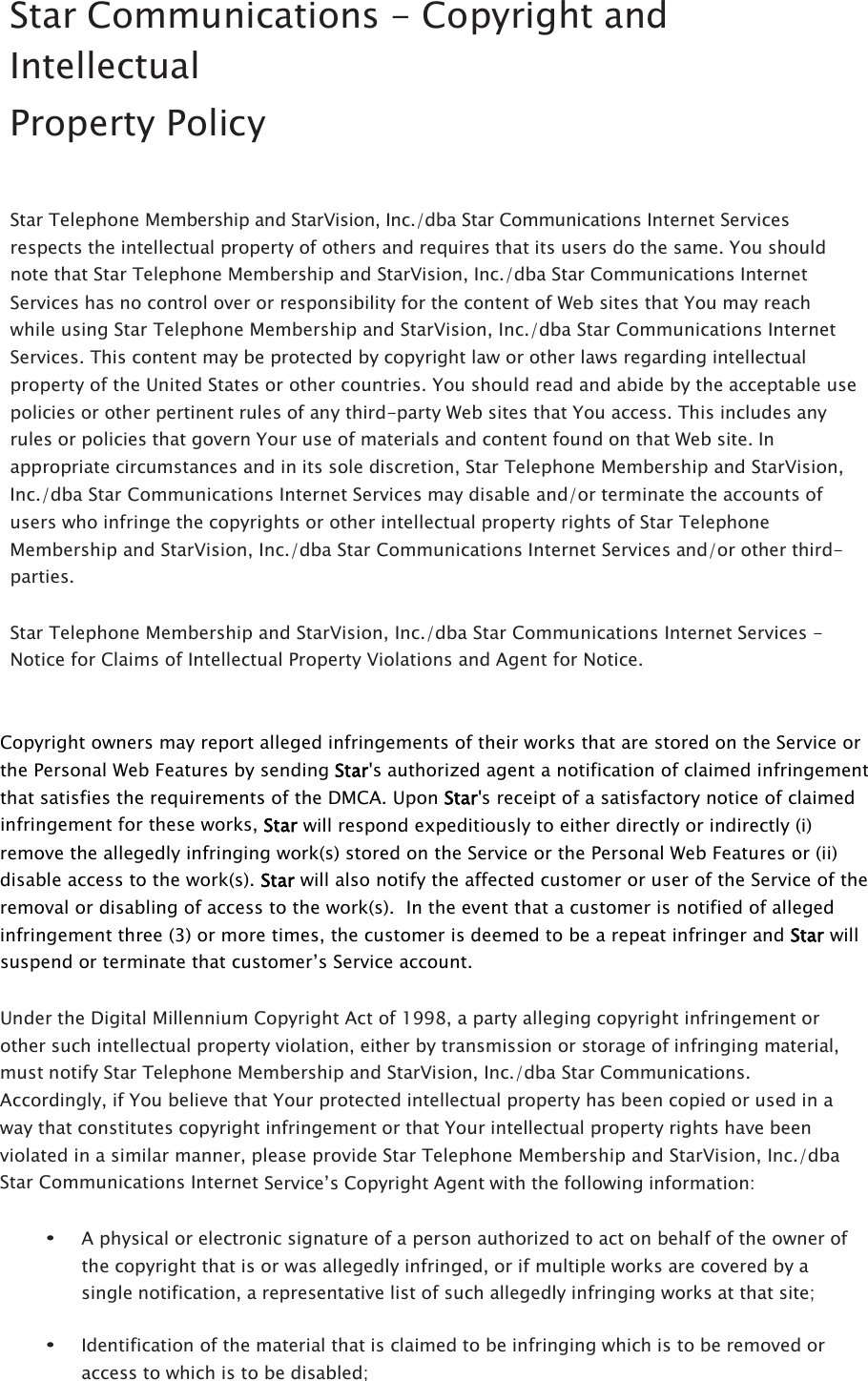 Page 1 of 3 - Star Telephone - Copyright And Intellectual Property Policy Copyright-Policy