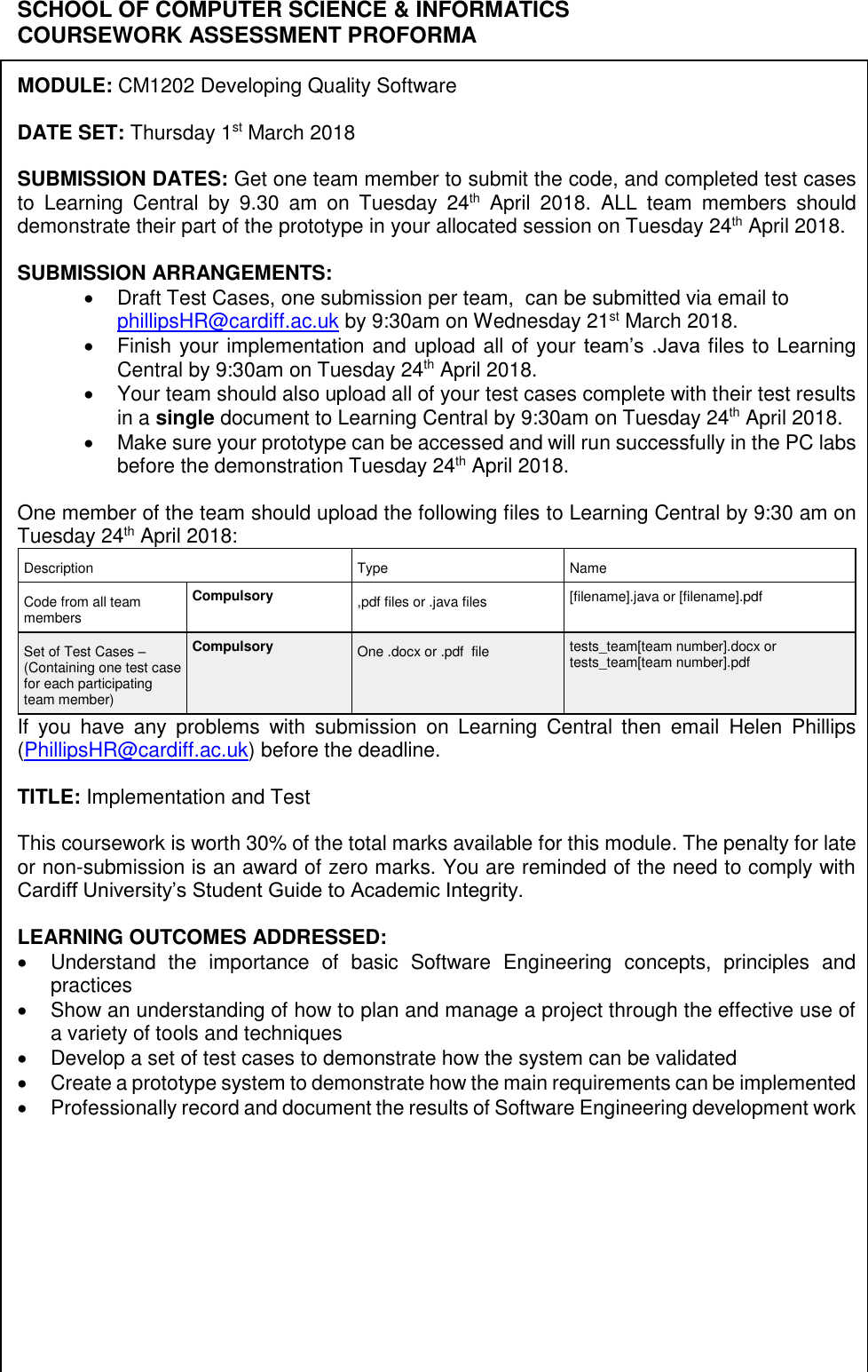 Page 1 of 4 - SCHOOL OF COMPUTER SCIENCE Coursework Instructions