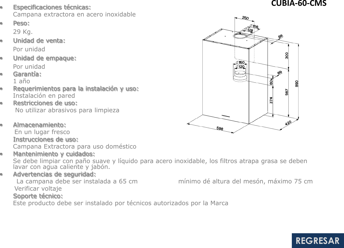 Presentación De Cubia 60 cms technical sheet