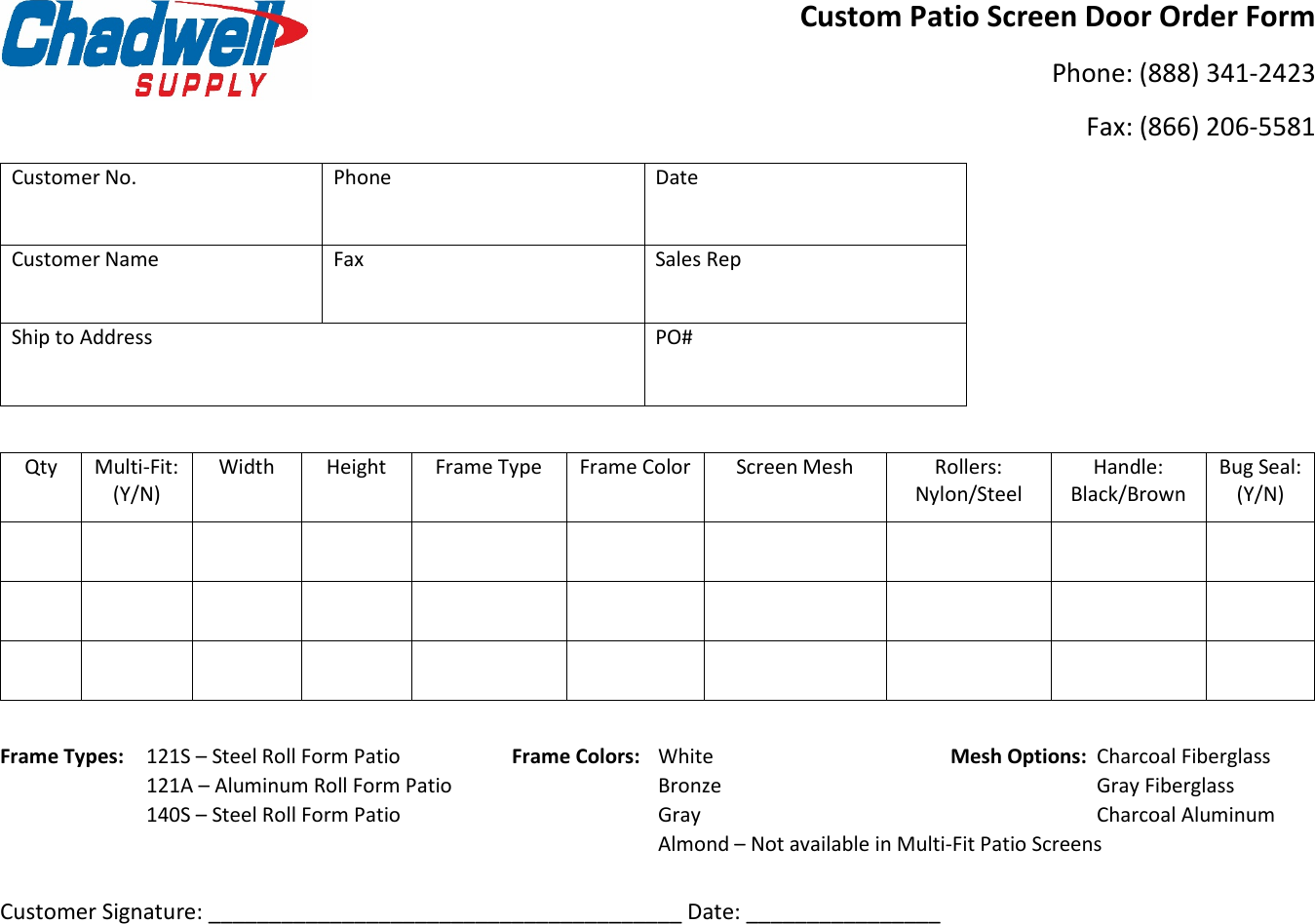 Page 1 of 1 - Custom Patio Screen Door Order Form