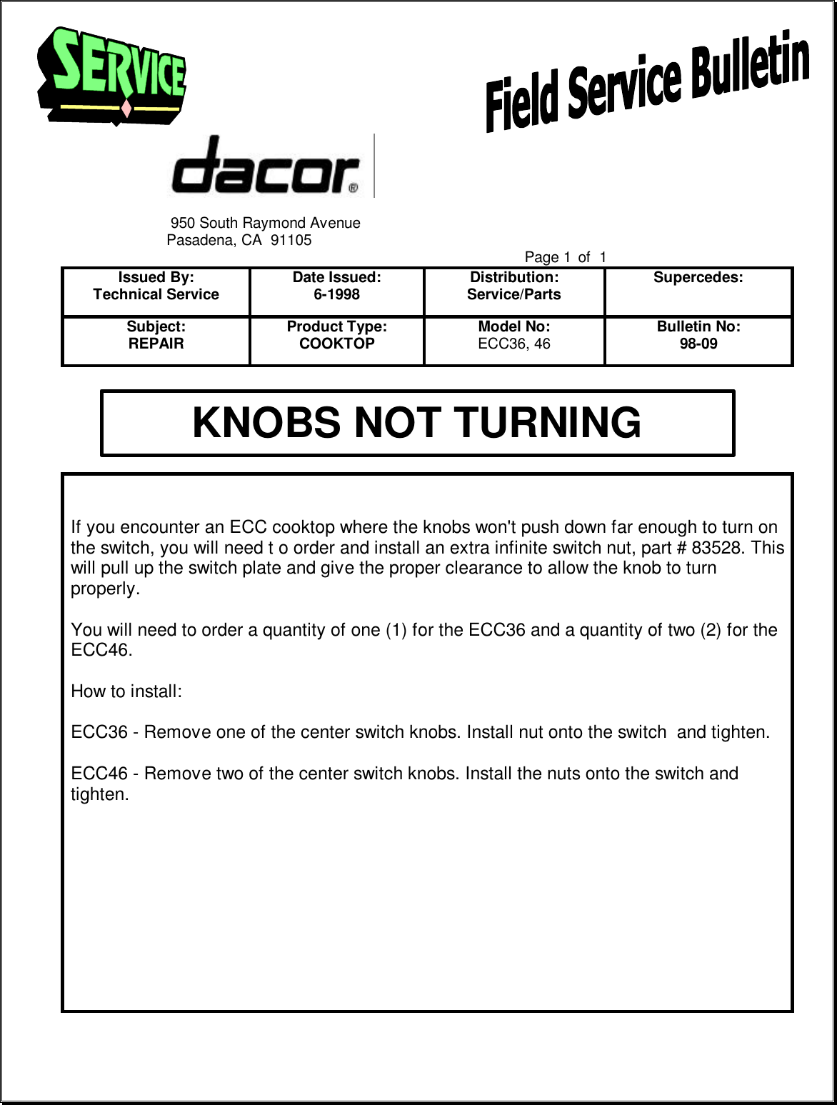 Page 10 of 11 - 1998 Field Service Bulletins  Dacor Exhaust Grill ECPS