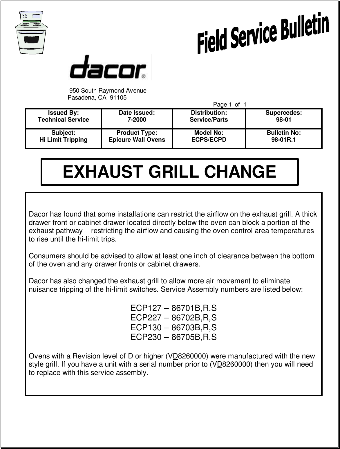 Page 2 of 11 - 1998 Field Service Bulletins  Dacor Exhaust Grill ECPS