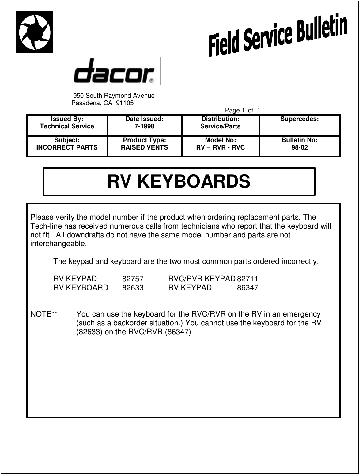 Page 3 of 11 - 1998 Field Service Bulletins  Dacor Exhaust Grill ECPS