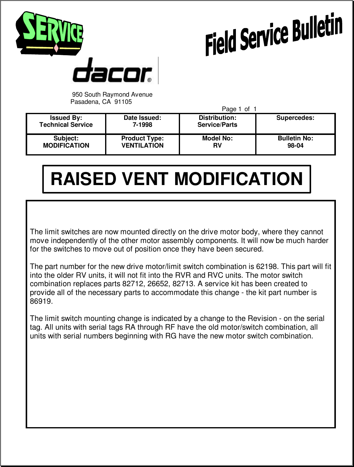 Page 5 of 11 - 1998 Field Service Bulletins  Dacor Exhaust Grill ECPS