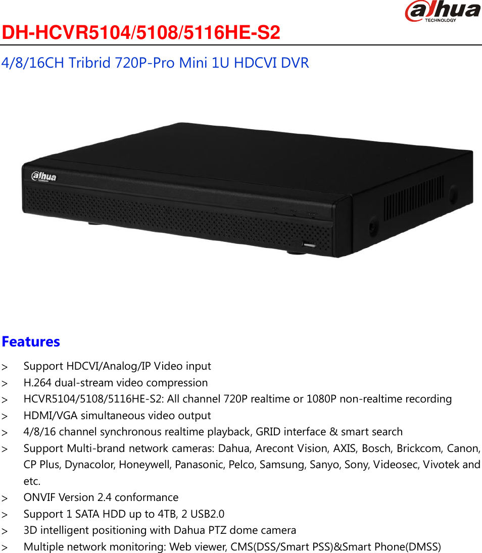 Page 1 of 3 - Dahhcvr5104Hes2 4/8/16 Channel Full-D1 Recording Standalone DVR User Manual