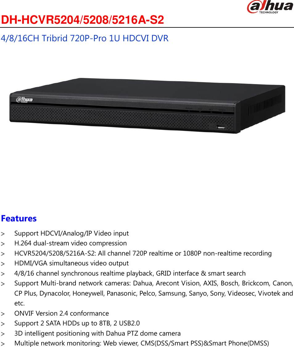 Page 1 of 3 - Dahhcvr5208As2 4/8/16 Channel Full-D1 Recording Standalone DVR User Manual