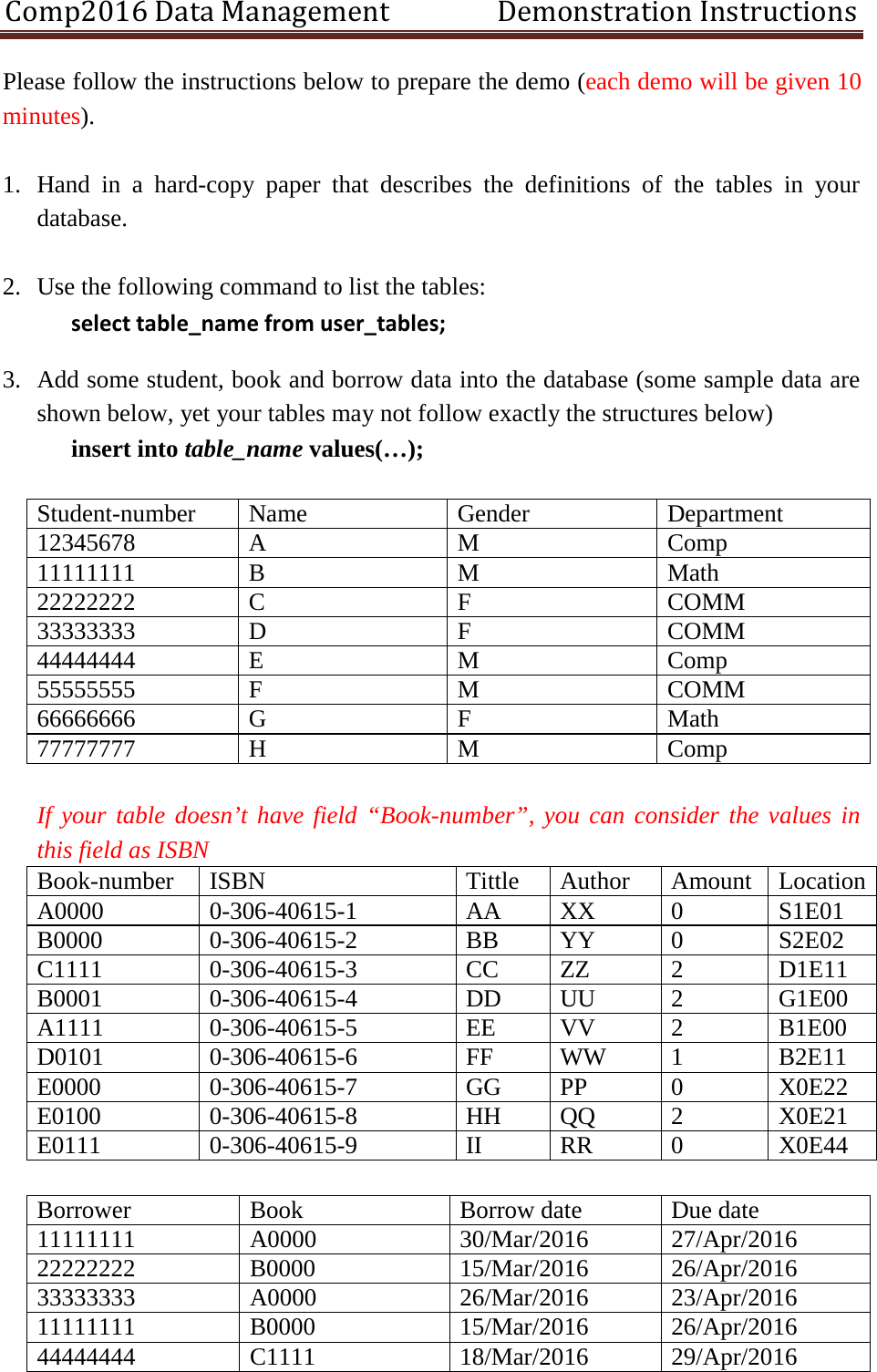 Page 1 of 3 - Comp2016 Data Management  Demonstration Instructions Demo 2016