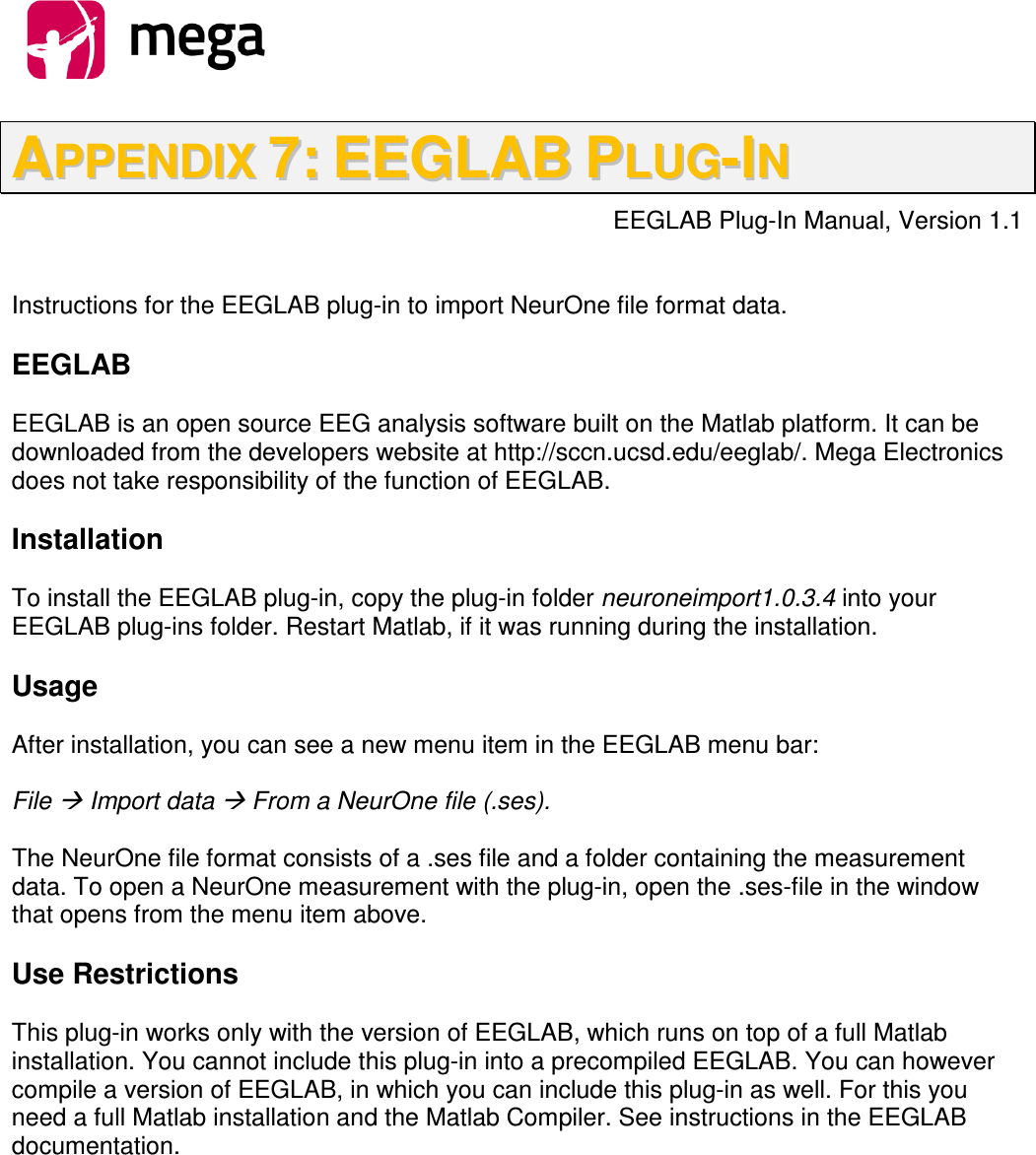 Page 1 of 1 - 800581-2.8, NeurOne System User Manual EEGLAB Plug-In Instructions 1.0.3.4