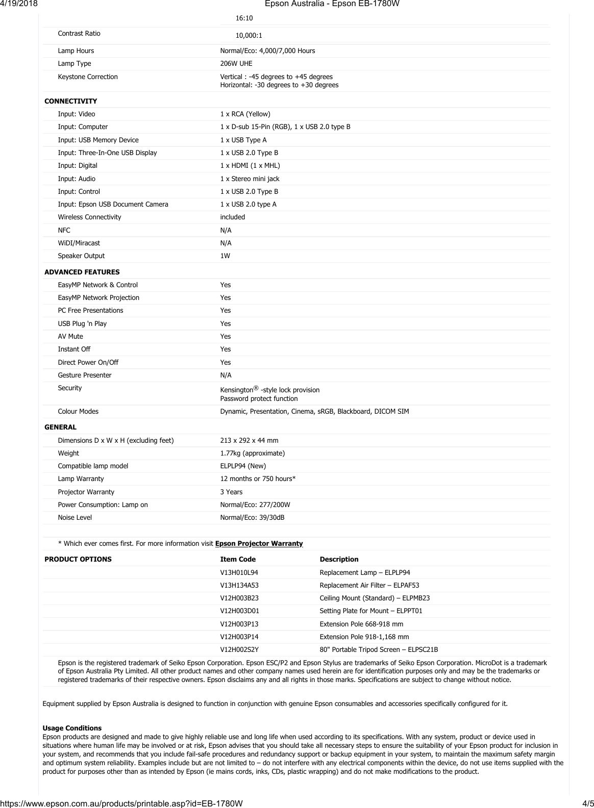 Epson Australia Eb 1780w