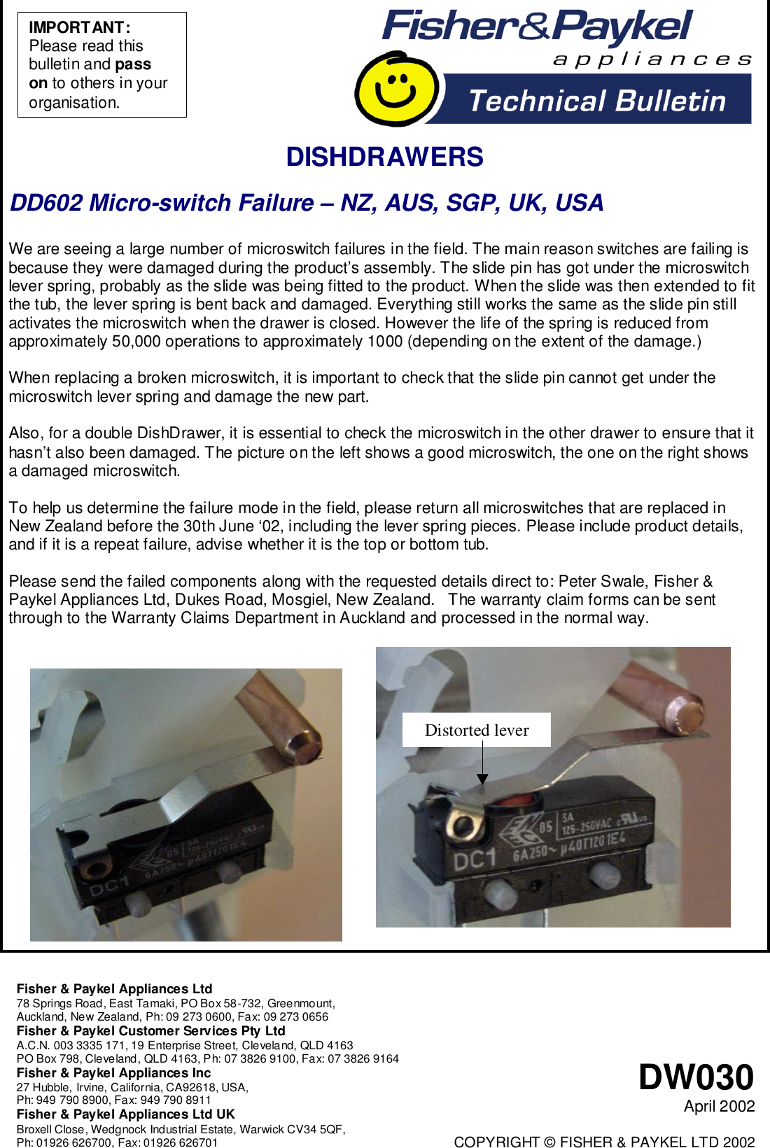 Page 1 of 5 - Dishwasher Bulletin DW030  Fisher & Paykel Dish Drawer DD602